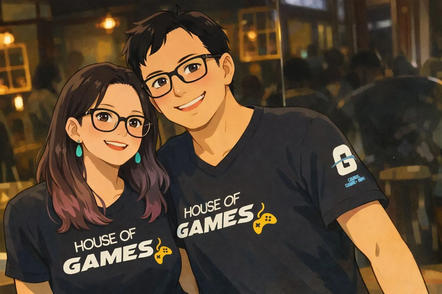 Ilustração do casal de lojistas da House of Games, de camisetas da loja