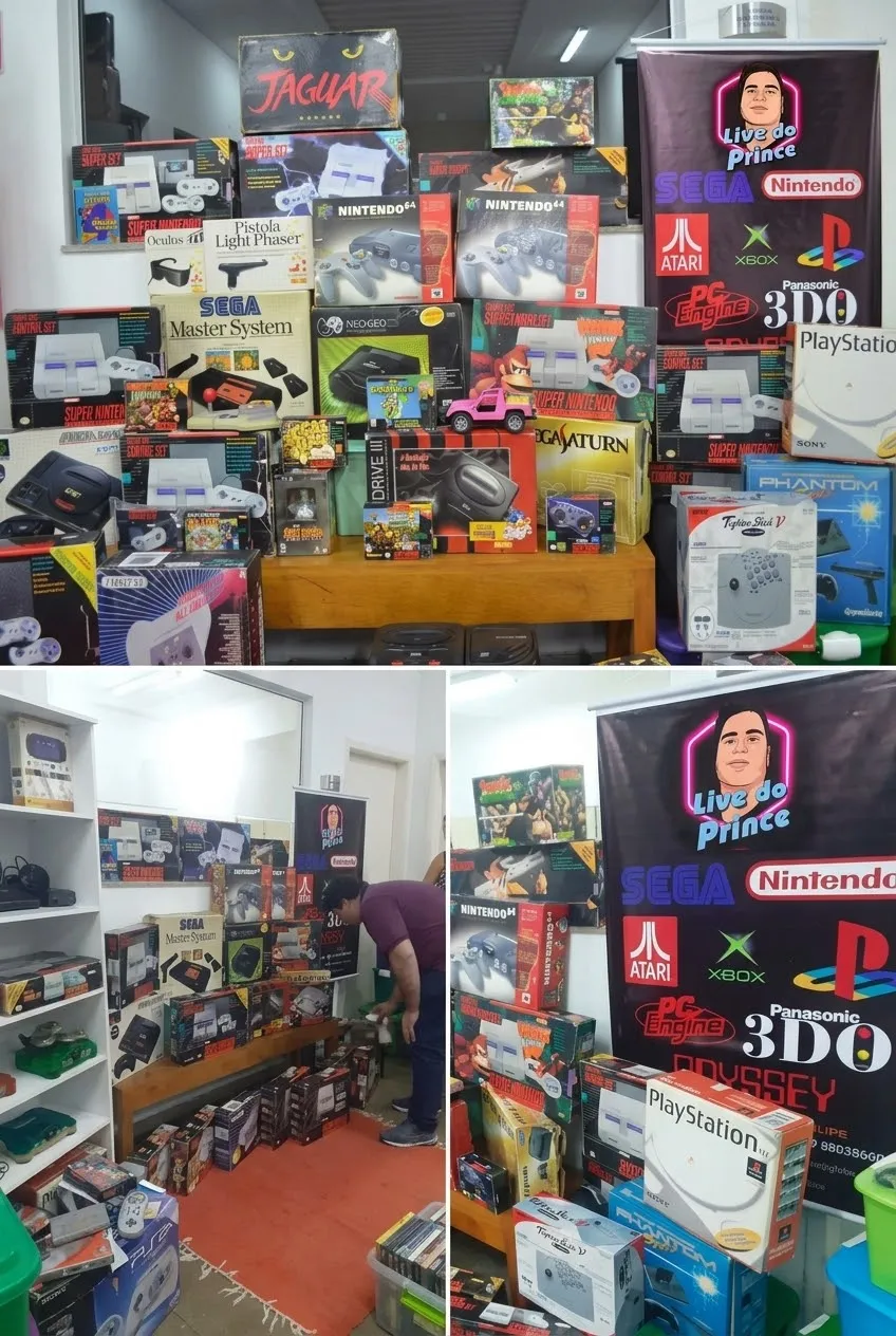 Colagem do estande da Live do Prince com consoles em caixa e o banner da marca