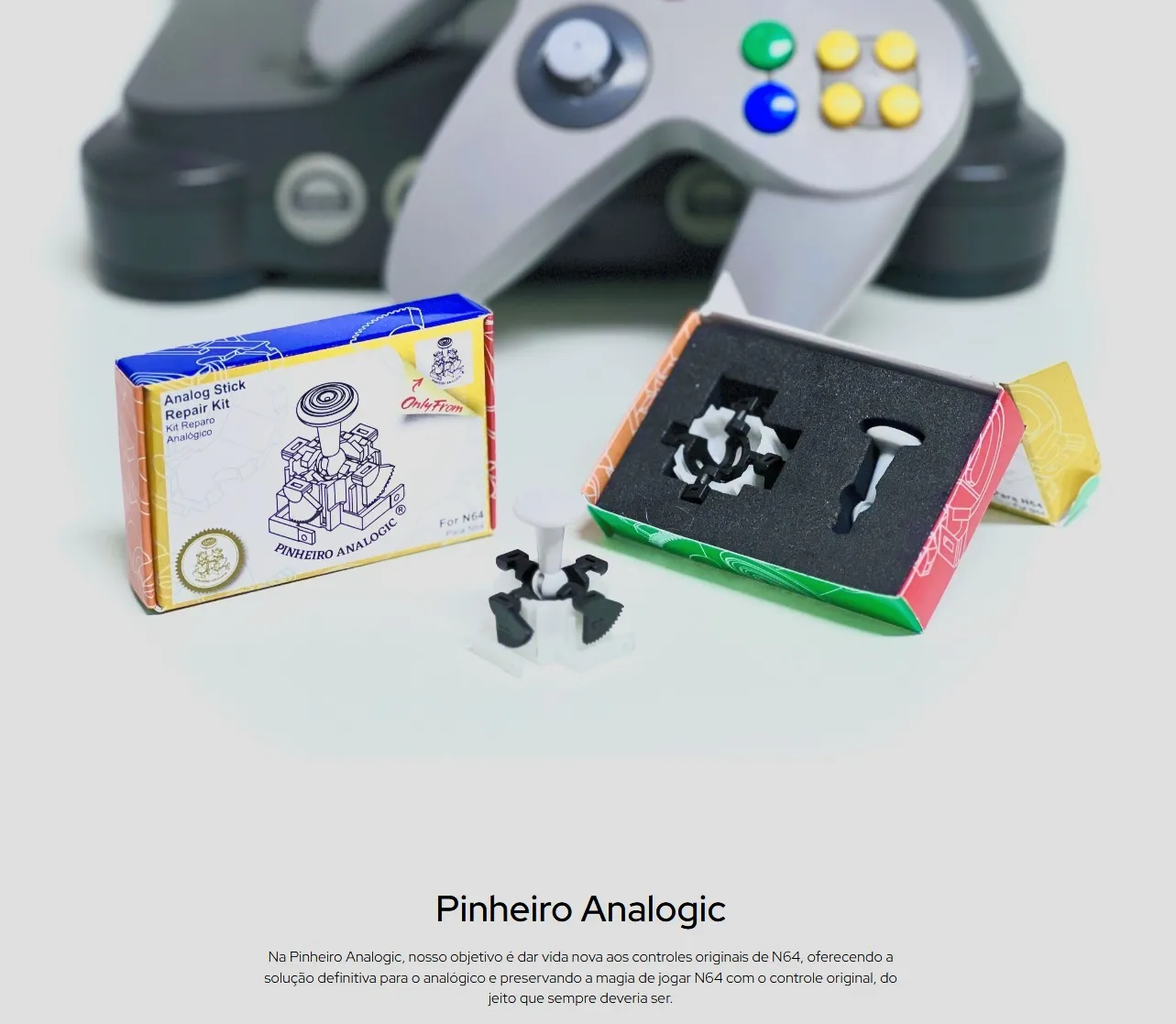 Kit de reposição do analógico do controle de Nintendo 64 ao lado do controle original