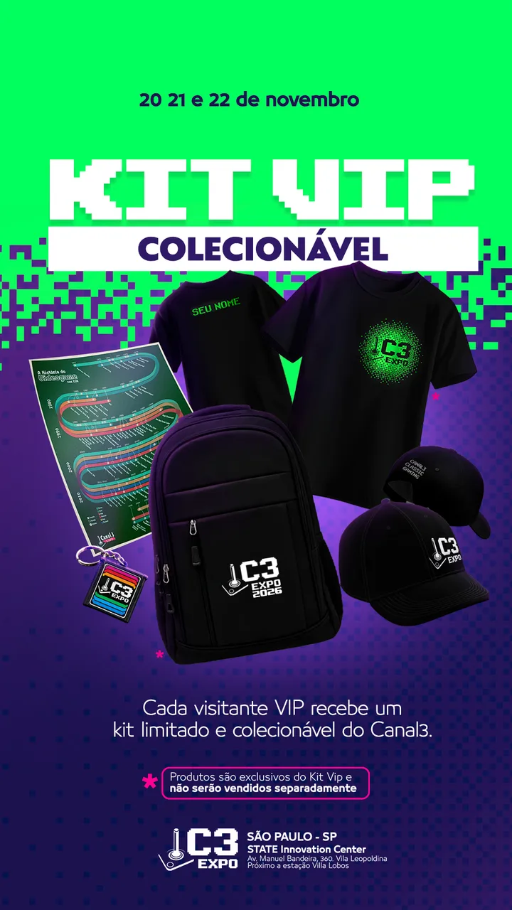 Kit VIP Canal3 colecionável: camiseta, mochila, boné, pôster e chaveiro