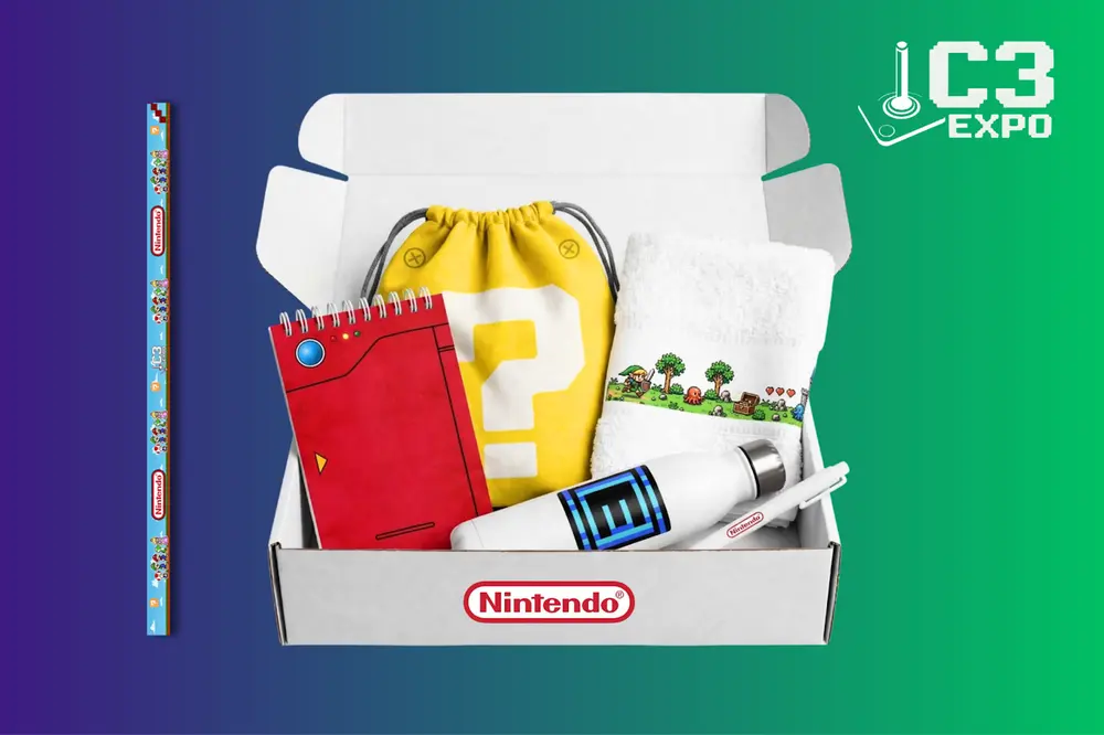 Kit XP versão Nintendo: caixa com sacochila, caderneta, garrafa térmica, toalha, caneta e cordão