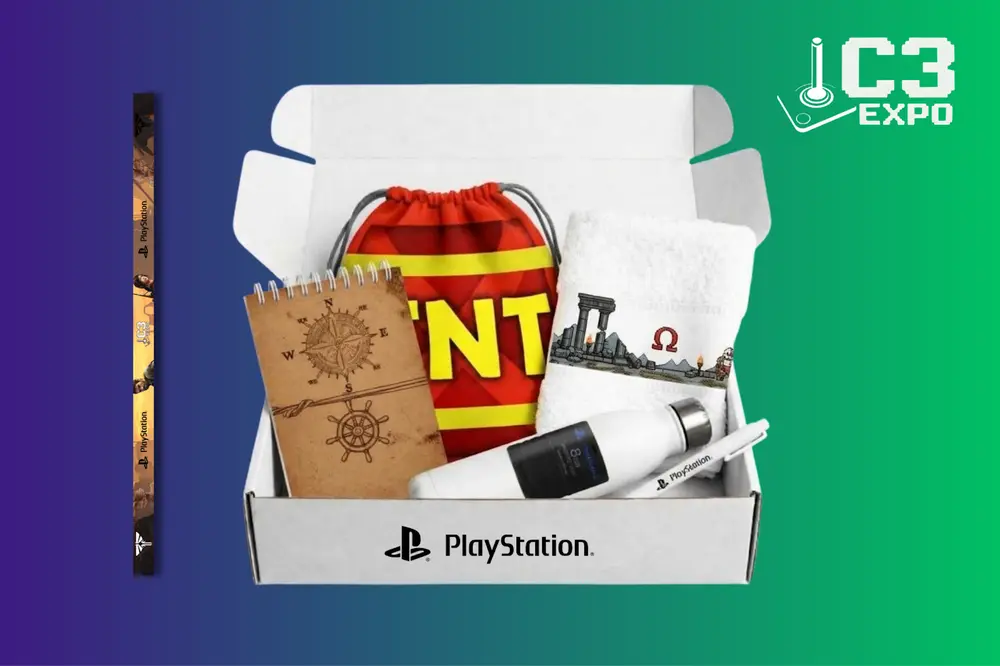 Kit XP versão PlayStation: caixa com sacochila, caderneta, garrafa térmica, toalha, caneta e cordão