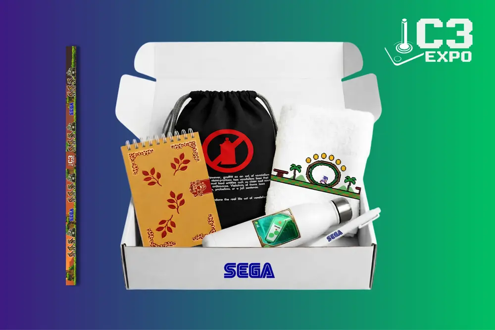 Kit XP versão Sega: caixa com sacochila, caderneta, garrafa térmica, toalha, caneta e cordão