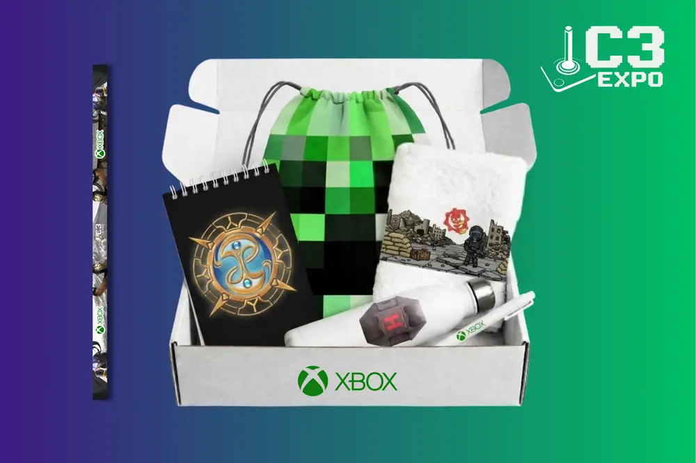 Kit XP versão Xbox: caixa com sacochila, caderneta, garrafa térmica, toalha, caneta e cordão